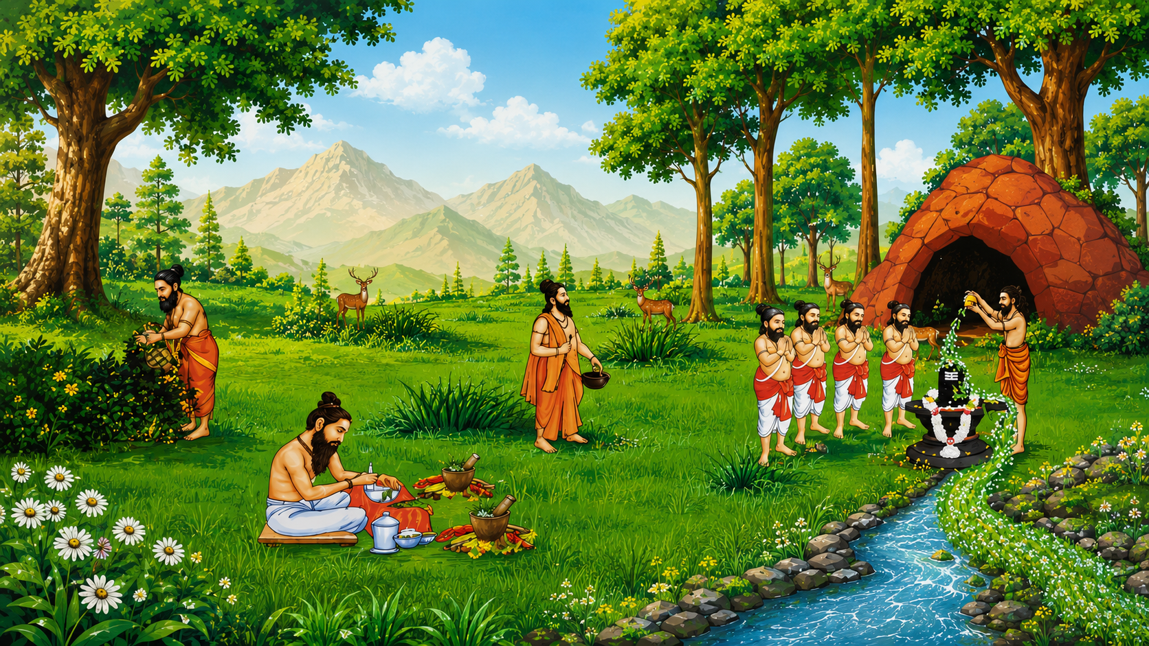 Sacred Shiva temple with herbs and oil lamps